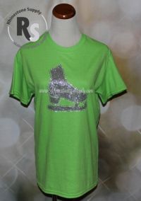 LIME GREEN T Shirt with Ice Skate in Silver Glitter with rhinestones
